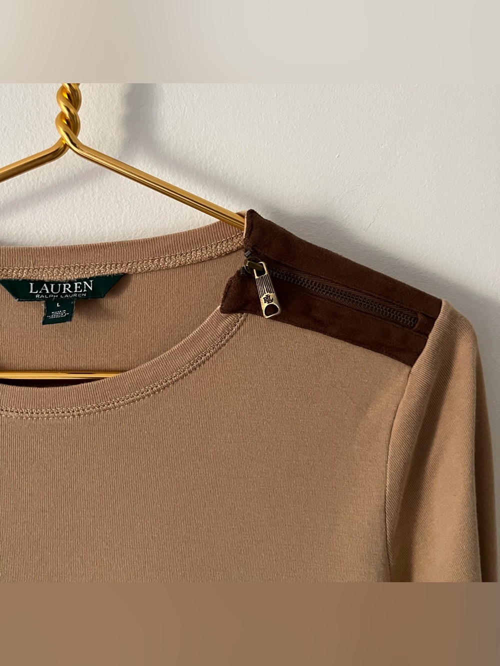 Lauren Ralph Lauren Tan Brown 100% Cotton Top Elbow Patch Equestrian Neutral L - Picture 3 of 8